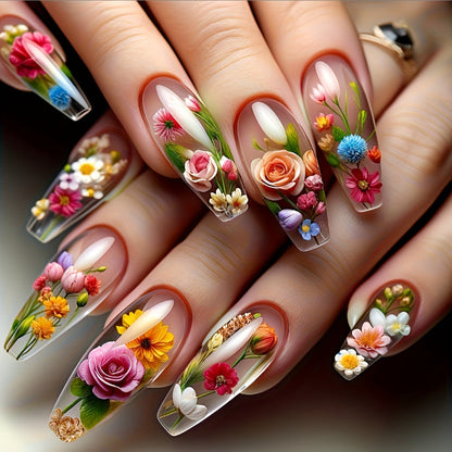 24pcs 3D Floral Press On Nails - Square Medium Length False Nails with Glossy Finish, Vibrant Blue & Red Floral Design, Includes Jelly Glue & Nail File for Women s Summer Manicure, Stylish Fake Nails Creative Beauty Accessory SS69 8.69 Colorful Flowers