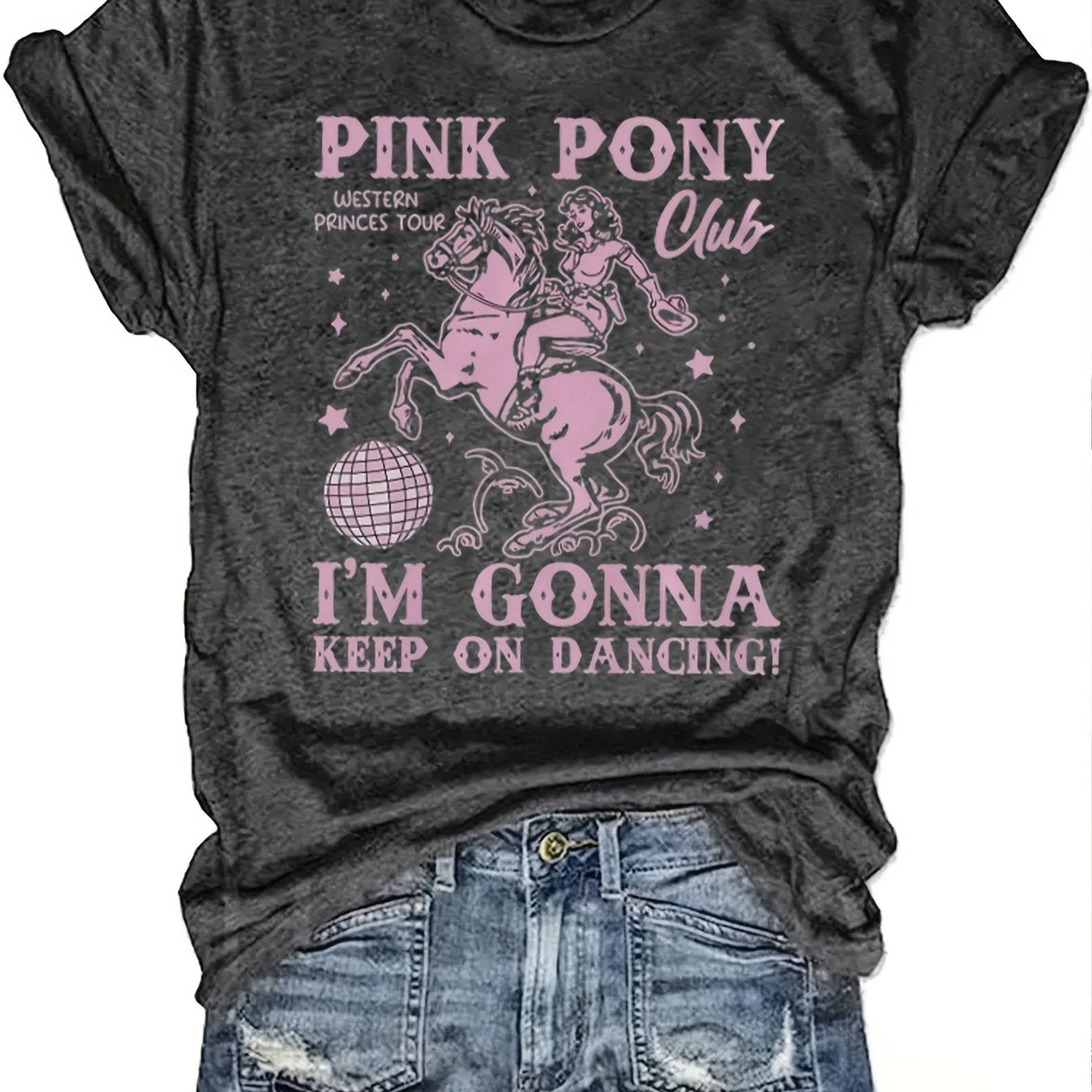 Women's Retro Western Cowgirl Graphic T-Shirt - "Pink Pony Club" Design, Short Sleeve Crew Neck, Casual & Comfortable, Perfect Gift for Friends and Family, Allseasons Top | Playful Graphic Tee | Durable Print Top, Ladies T Sh SS69 13.69 Dark Gray / XXL