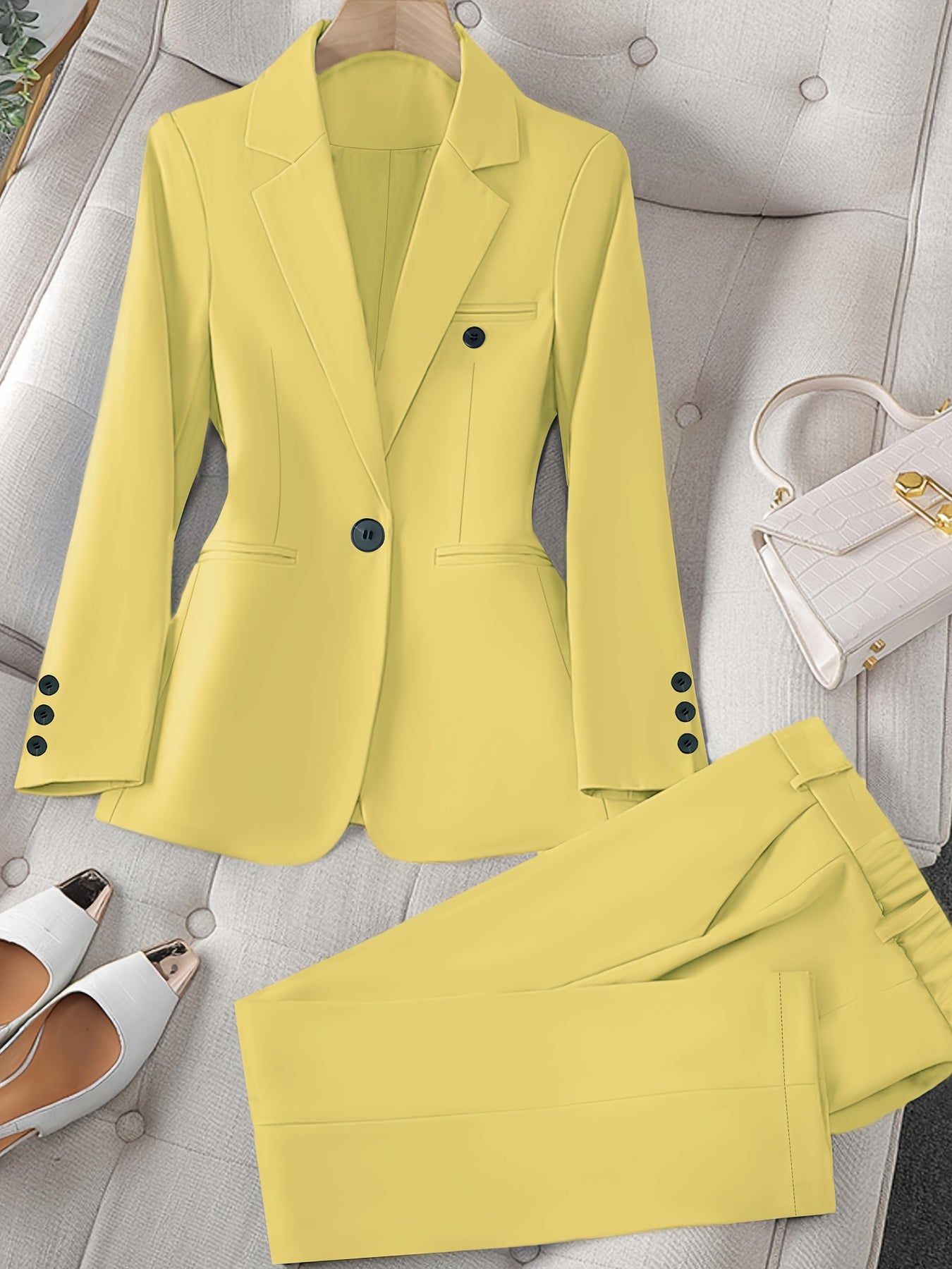 Women'S Casual Two-Piece Set, Fashionable Business Style, Solid Color, Long Sleeve, Polyester, with Lapel Collar, and Pants, for All Seasons SS69