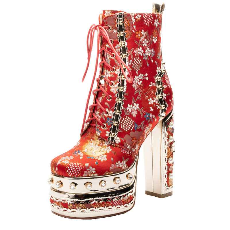 High Quality Platform Super High Heel Strap Rivet Women Thick Sole Heightening Wedding Boots Perfect for Dressy Occasions, Party Footwear, Sleek Design, Durable Construction, Stylish Footwear, Fashion Lovers, High Heel Bootie