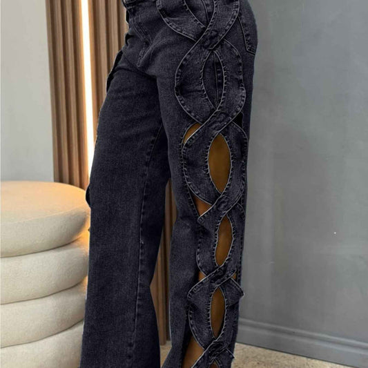 Women'S High-Waisted Wide-Leg Jeans with S-curve Side Cut-Out Design - Stretch Denim, Comfort Fit Leg-Lengthening Pants for Spring/Summer Streetwear & Date Nights, High Waisted Jeans, Date Night Attire, Fashionforward Look, S