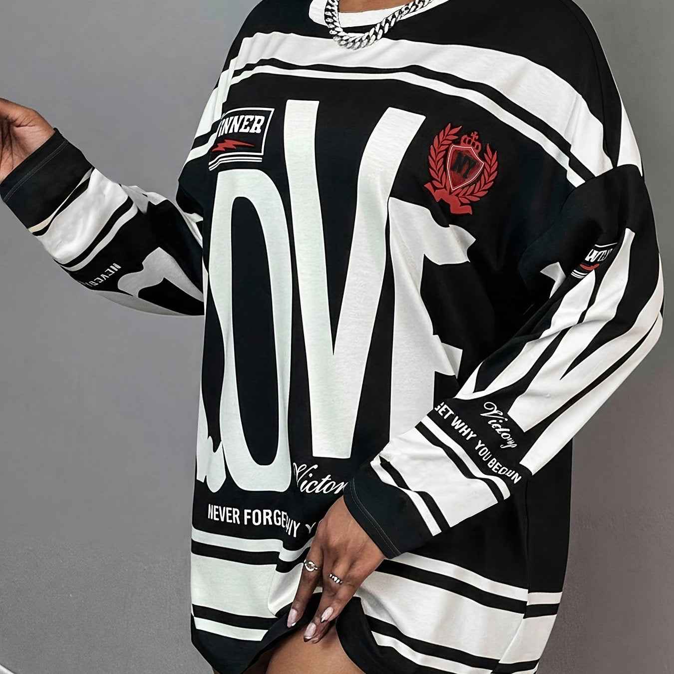 Plus Size - Plus Size - Plus Size - Plus Size - Plus Size Women'S Oversized "LOVE" Letter Print Long Sleeve T-Shirt - Casual Streetwear Style with Pink & Stripes, Comfortable Fabric For All Seasons, Versatile Fashion Top, Plu