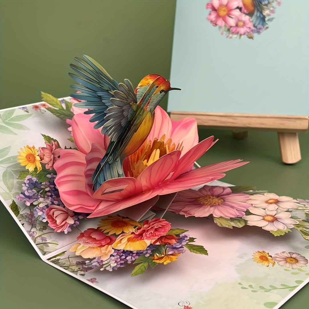 1pc Floral Hummingbird Design Pop-Up 3D Greeting Card with Envelope, Cartoon Theme, Suitable for Teachers/Students/Friends/Colleagues/Grandparents/Parents/Sisters/Wives/Daughters/Granddaughters/Girlfriends/She