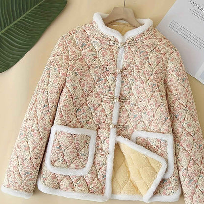 Plus Size, Women's Chinese Style Winter Coat with Cheona Collar (Standing Pronunciation) - Thick Padded Warm Jacket, Retro Button Front, Zipper Back Closure, Machine Washable Outerwear