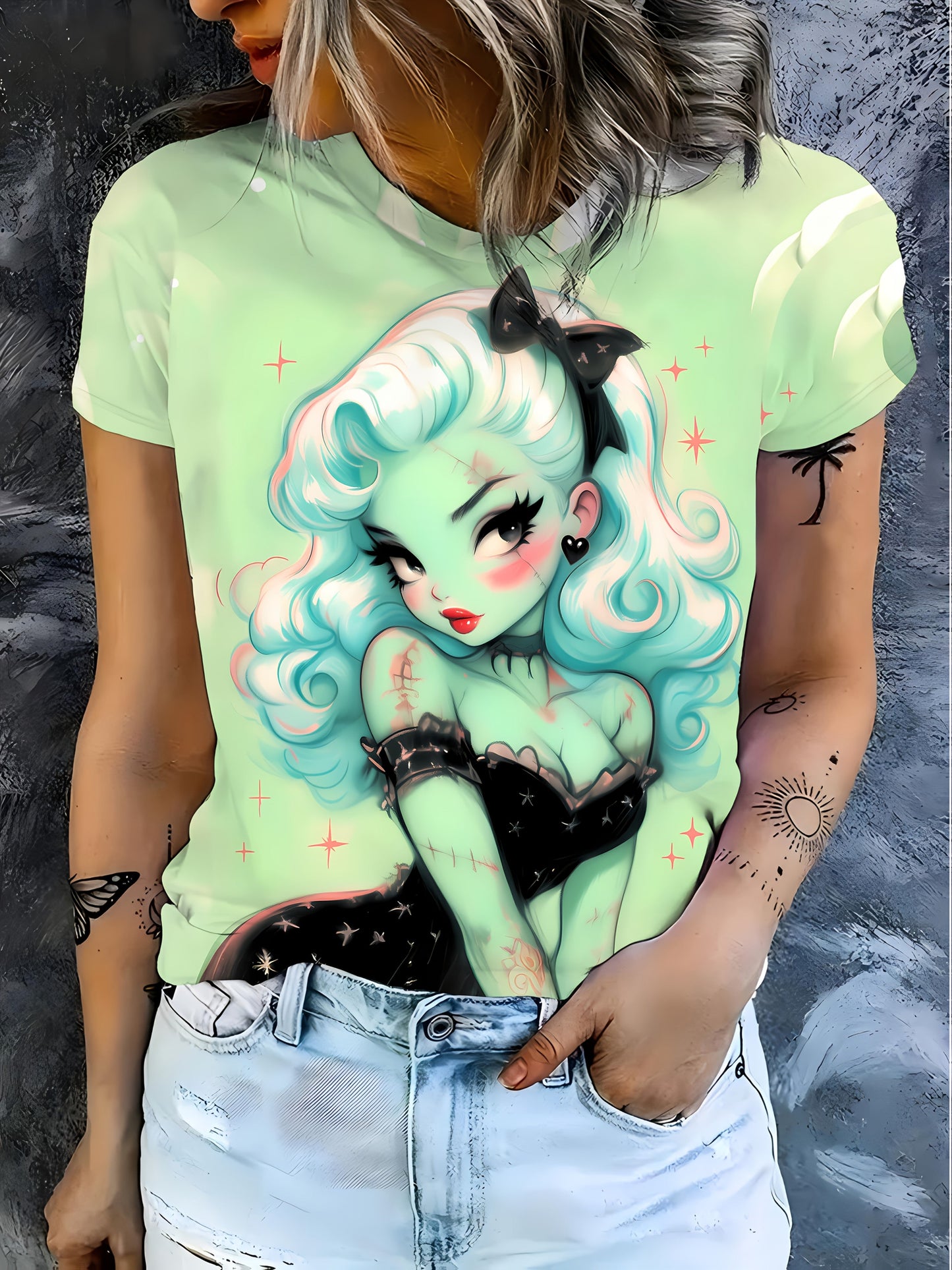 Women'S Mint Green Retro Gothic Graphic T-Shirt - Edgy Monster Print Tee, Lightweight Polyester Top for Cosplay, Parties & Everyday Streetwear - Non- Costume Shirt, Ladies T Shirts, Casual Wear, Vintage Style, Comfortable Fit SS69