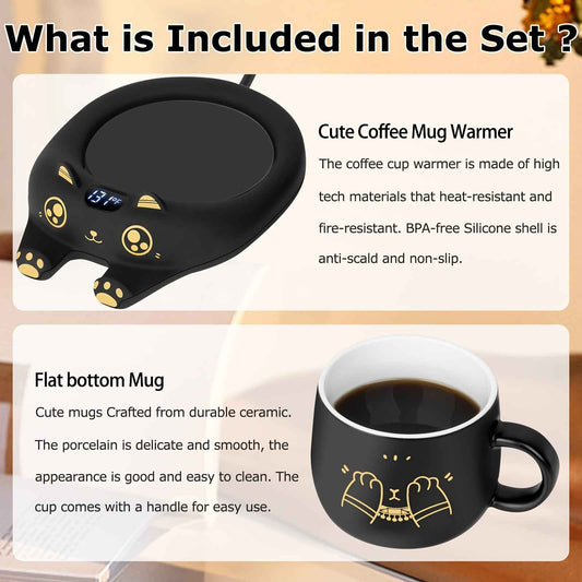 PUSEE Coffee Mug Warmer & Cute Cat Mug Set, Coffee Cup Warmer for Desk with Auto Shut Off, Beverage Warmer with 3 Temp Settings, Candle Warmer Coffee Warmer with Mug Set for Christmas & Birthday Gifts