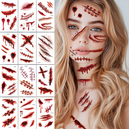 12 Sheets Halloween 3D Fake & Bloody Wound Temporary Tattoos for Adults - Realistic Horror Face & Body Paint with Lip, Jaw, Neck, Back, Leg Designs - Safe Non-Permanent Tattoo Makeup for Zombie Cosplay, Costume Parties & Pran SS69