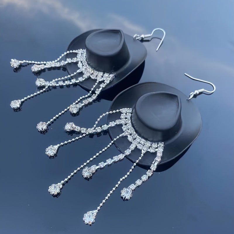 Delicate Western Cowgirl Rhinestone Hat Shaped Earrings - Tassel Dangle, Bohemian Elegant Style, Alloy Jewelry, Hypoallergenic, Nickel - Free, Perfect for Women, Girls, and Teens - Unique Ear Ornaments for Everyday Wear, Party, - SS69