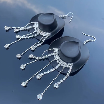 Delicate Western Cowgirl Rhinestone Hat Shaped Earrings - Tassel Dangle, Bohemian Elegant Style, Alloy Jewelry, Hypoallergenic, Nickel - Free, Perfect for Women, Girls, and Teens - Unique Ear Ornaments for Everyday Wear, Party, - SS69