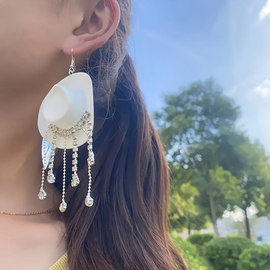 Delicate Western Cowgirl Rhinestone Hat Shaped Earrings - Tassel Dangle, Bohemian Elegant Style, Alloy Jewelry, Hypoallergenic, Nickel - Free, Perfect for Women, Girls, and Teens - Unique Ear Ornaments for Everyday Wear, Party, - SS69