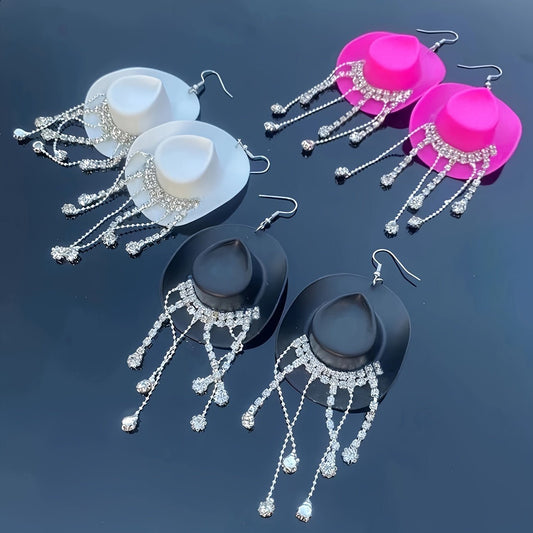 Delicate Western Cowgirl Rhinestone Hat Shaped Earrings - Tassel Dangle, Bohemian Elegant Style, Alloy Jewelry, Hypoallergenic, Nickel - Free, Perfect for Women, Girls, and Teens - Unique Ear Ornaments for Everyday Wear, Party, - SS69