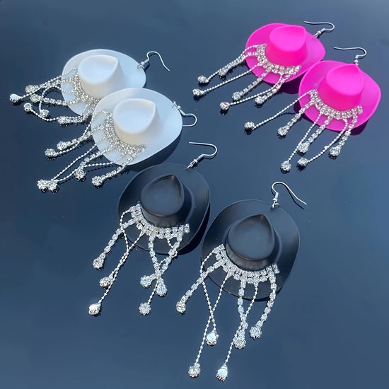 Delicate Western Cowgirl Rhinestone Hat Shaped Earrings - Tassel Dangle, Bohemian Elegant Style, Alloy Jewelry, Hypoallergenic, Nickel - Free, Perfect for Women, Girls, and Teens - Unique Ear Ornaments for Everyday Wear, Party, - SS69