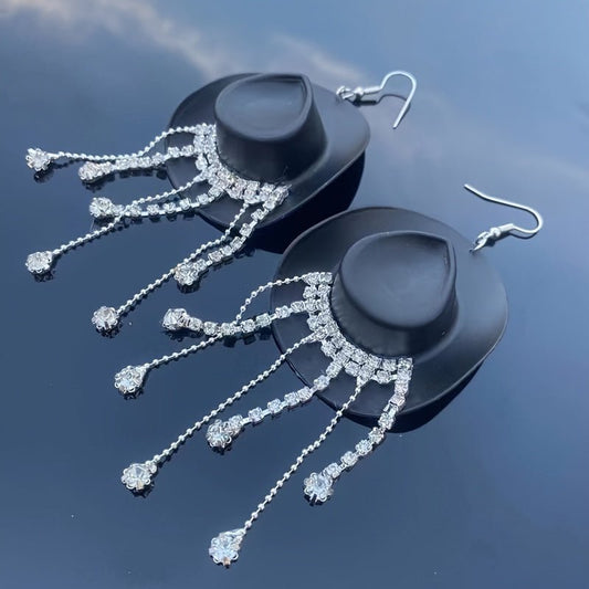 Delicate Western Cowgirl Rhinestone Hat Shaped Earrings - Tassel Dangle, Bohemian Elegant Style, Alloy Jewelry, Hypoallergenic, Nickel - Free, Perfect for Women, Girls, and Teens - Unique Ear Ornaments for Everyday Wear, Party, - SS69