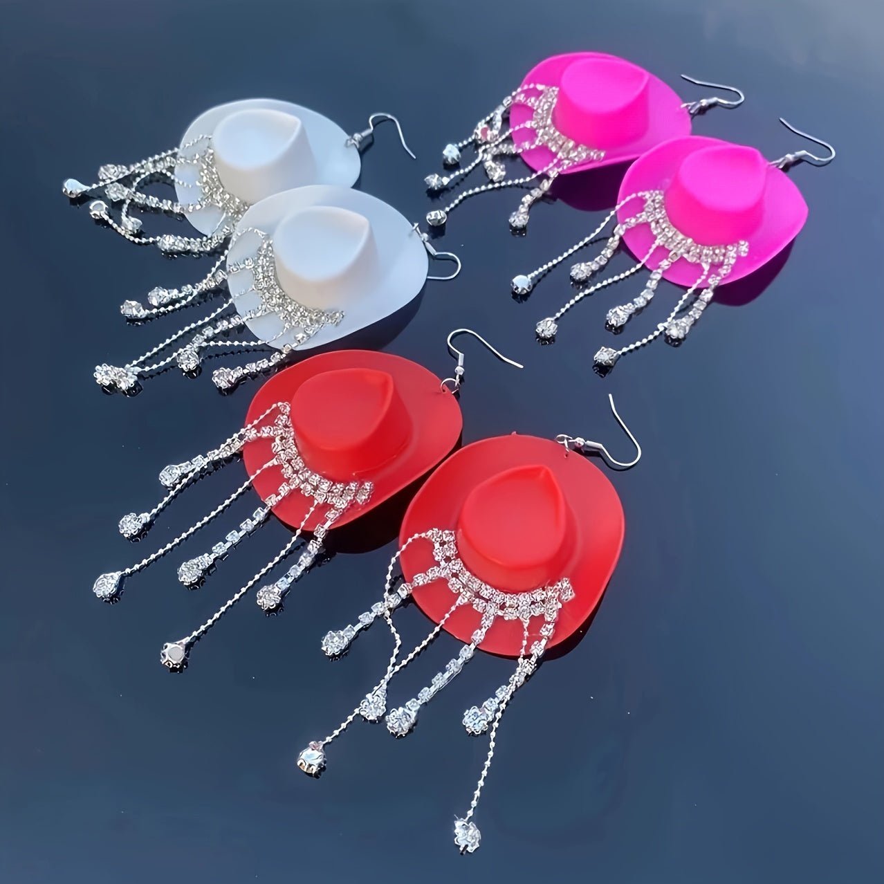Delicate Western Cowgirl Rhinestone Hat Shaped Earrings - Tassel Dangle, Bohemian Elegant Style, Alloy Jewelry, Hypoallergenic, Nickel - Free, Perfect for Women, Girls, and Teens - Unique Ear Ornaments for Everyday Wear, Party, - SS69