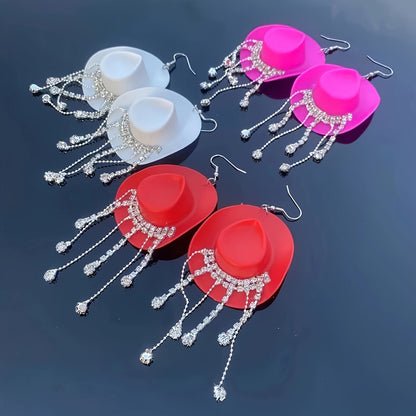 Delicate Western Cowgirl Rhinestone Hat Shaped Earrings - Tassel Dangle, Bohemian Elegant Style, Alloy Jewelry, Hypoallergenic, Nickel - Free, Perfect for Women, Girls, and Teens - Unique Ear Ornaments for Everyday Wear, Party, - SS69