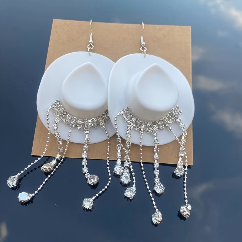 Delicate Western Cowgirl Rhinestone Hat Shaped Earrings - Tassel Dangle, Bohemian Elegant Style, Alloy Jewelry, Hypoallergenic, Nickel - Free, Perfect for Women, Girls, and Teens - Unique Ear Ornaments for Everyday Wear, Party, - SS69