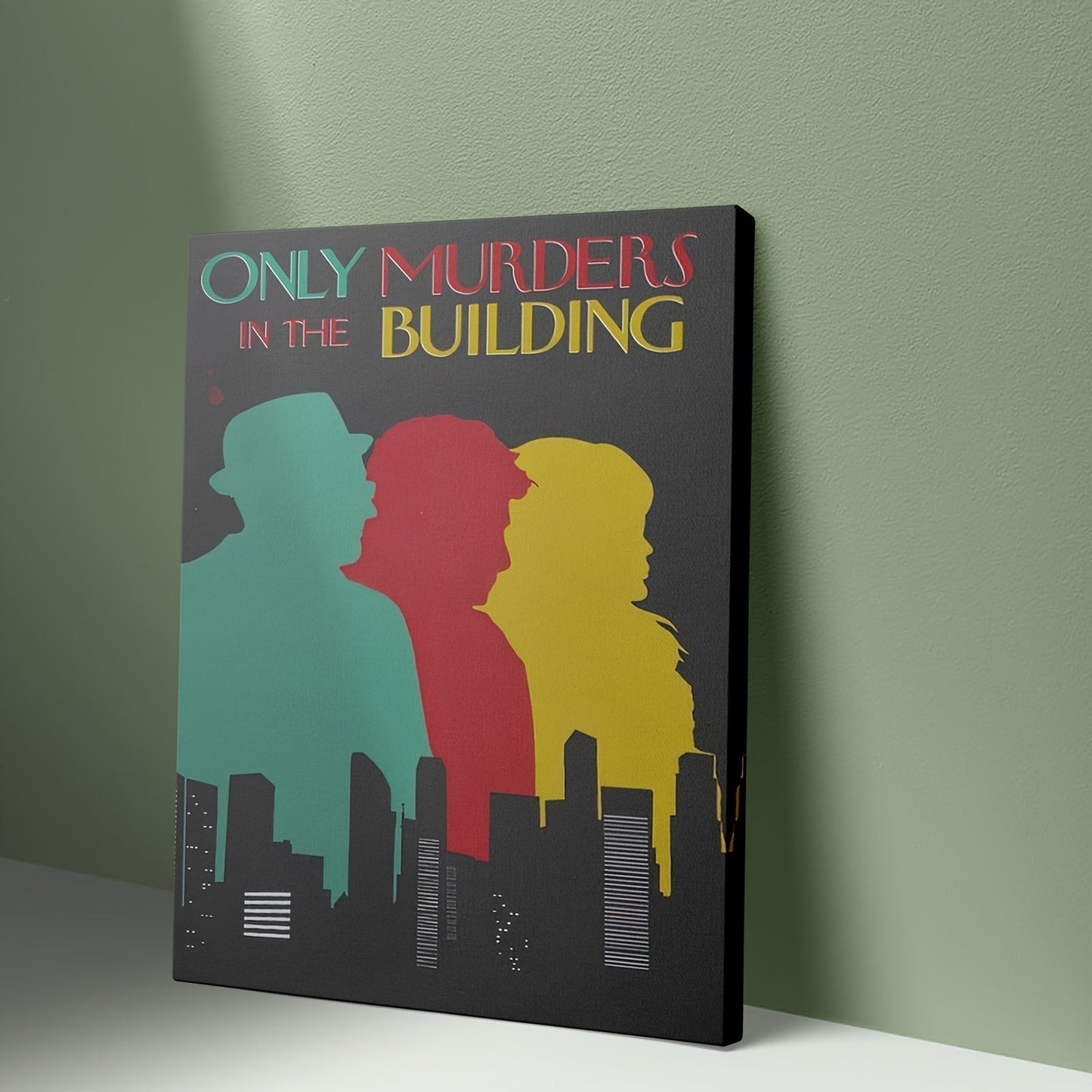 1pc Framed Canvas Painting - Only Murders in the Building Inspired Mystery Drama Decor - Dark Background with Green, Red, Yellow - Ready-to-Hang for Living Room, Office, Cafe - True Crime Fan Gift Idea - Framed Flat Canvas Wa SS69