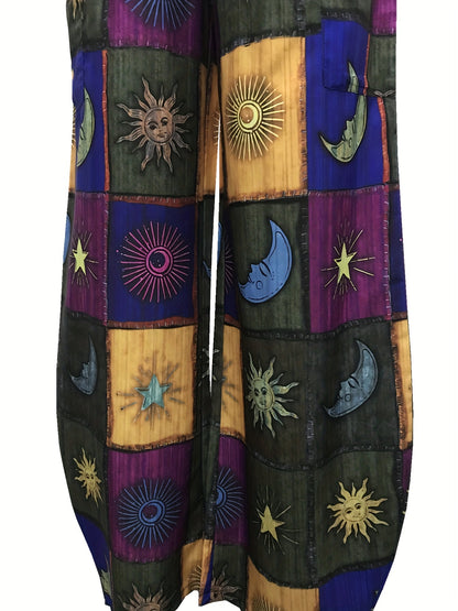 Sun & Moon Print Wide Leg Pants, Casual Elastic Waist Pants With Pocket, Women's Clothing - SS69