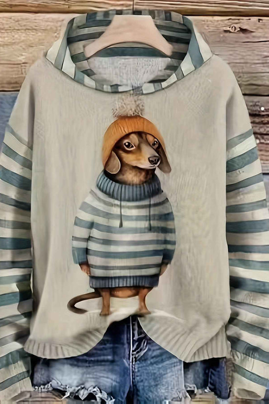 [Cute Sweater] Cute Dachshund Dog Plus Size Women's Casual Round Neck Long Sleeve Sweater | 3D Digital Print, Navy Blue, Cozy Fall Winter Top, Dog Sweater, Winter Comfort Clothing, Texture