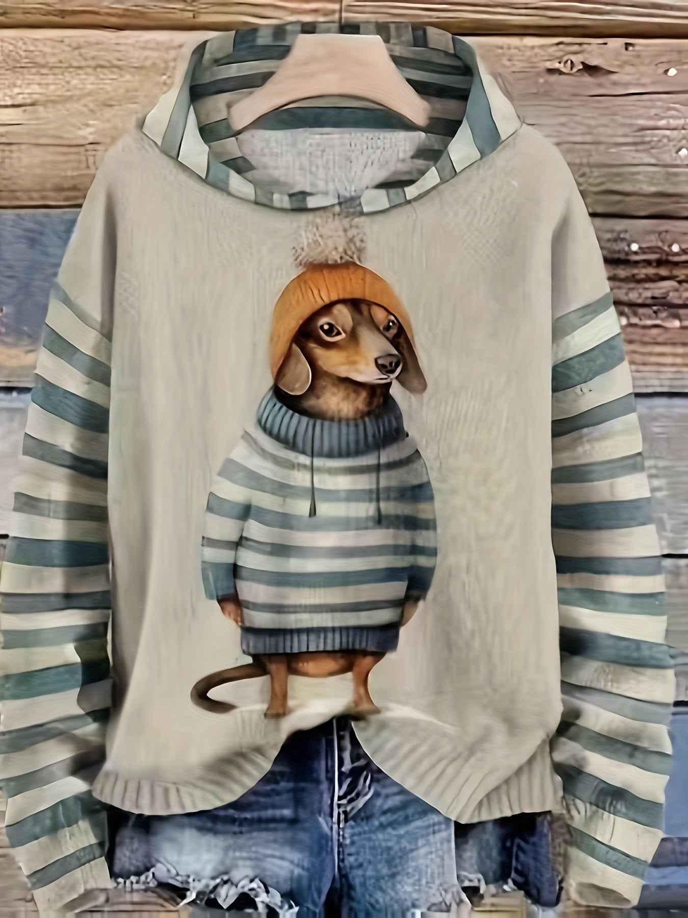 [Cute Sweater] Cute Dachshund Dog Plus Size Women's Casual Round Neck Long Sleeve Sweater | 3D Digital Print, Navy Blue, Cozy Fall Winter Top, Dog Sweater, Winter Comfort Clothing, Texture