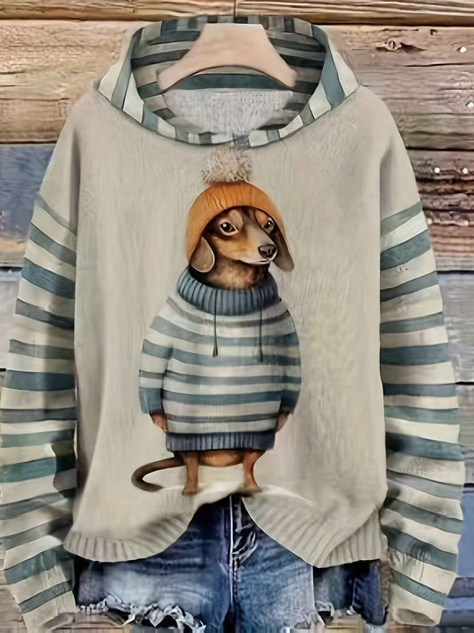 [Cute Sweater] Cute Dachshund Dog Plus Size Women's Casual Round Neck Long Sleeve Sweater | 3D Digital Print, Navy Blue, Cozy Fall Winter Top, Dog Sweater, Winter Comfort Clothing, Texture
