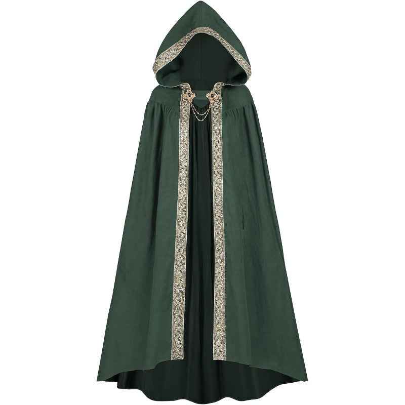 Medieval-Style Hooded Cape Costume, Celtic Knot & Satin Trim, Adjustable Tie-Front Closure, Renaissance Faire Outfit for Renaissance Festival Cosplay Themed Parties, Beige Pink Dark Green Burgundy