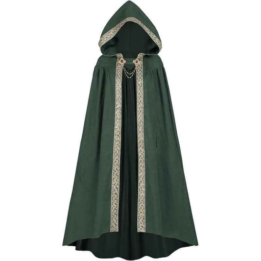 Medieval-Style Hooded Cape Costume, Celtic Knot & Satin Trim, Adjustable Tie-Front Closure, Renaissance Faire Outfit for Renaissance Festival Cosplay Themed Parties, Beige Pink Dark Green Burgundy