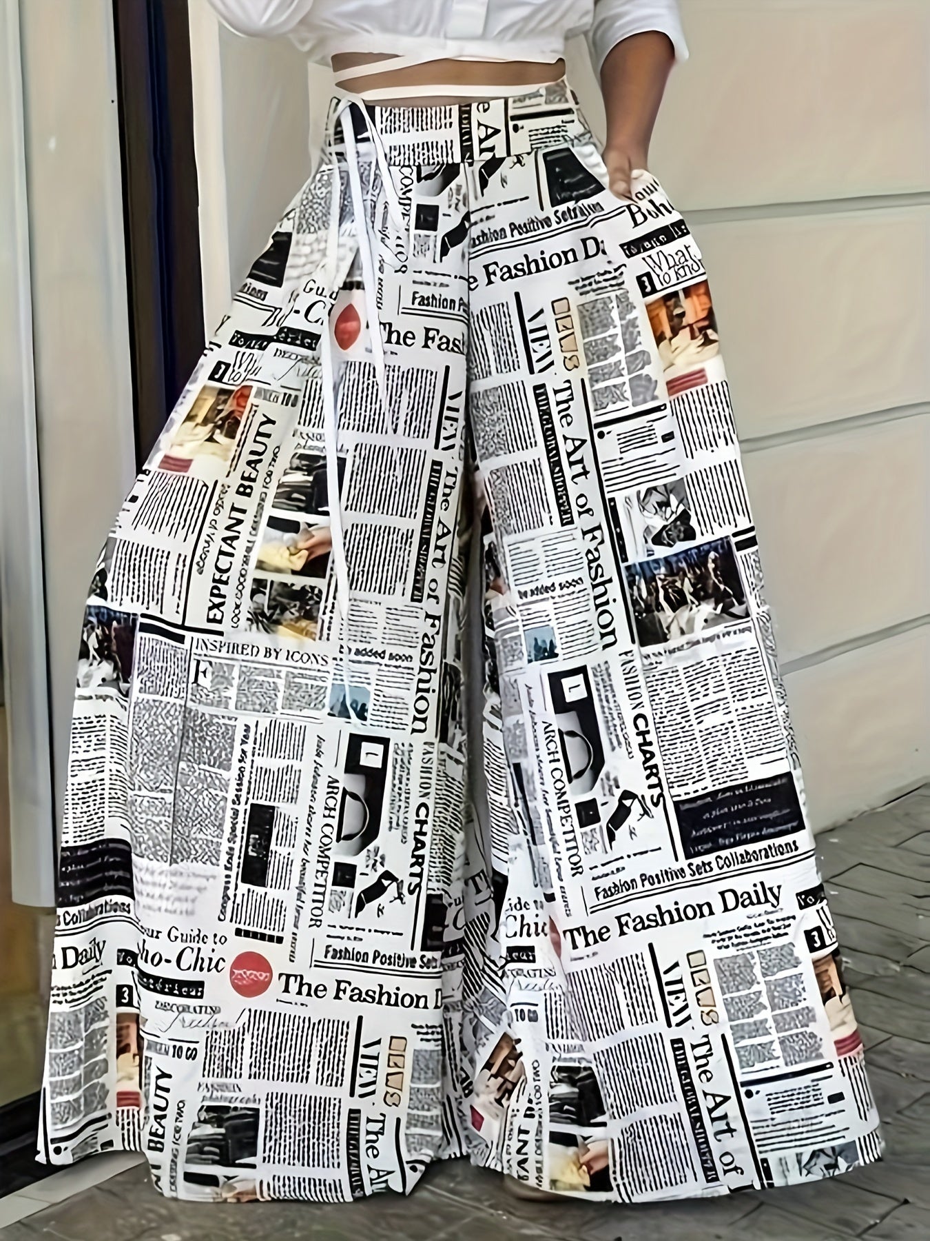 Newspaper Print Wide Leg Pockets Pants, Casual & Versatile High Waist Pants For Spring & Summer, Women's Clothing SS69