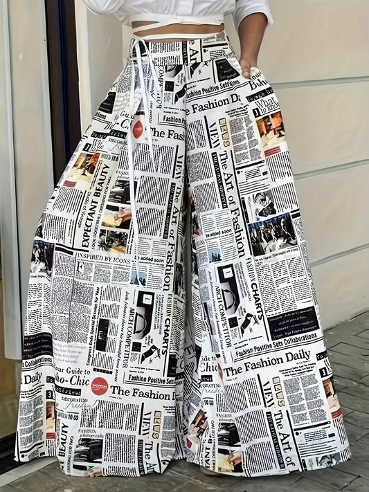 Newspaper Print Wide Leg Pockets Pants, Casual & Versatile High Waist Pants For Spring & Summer, Women's Clothing SS69