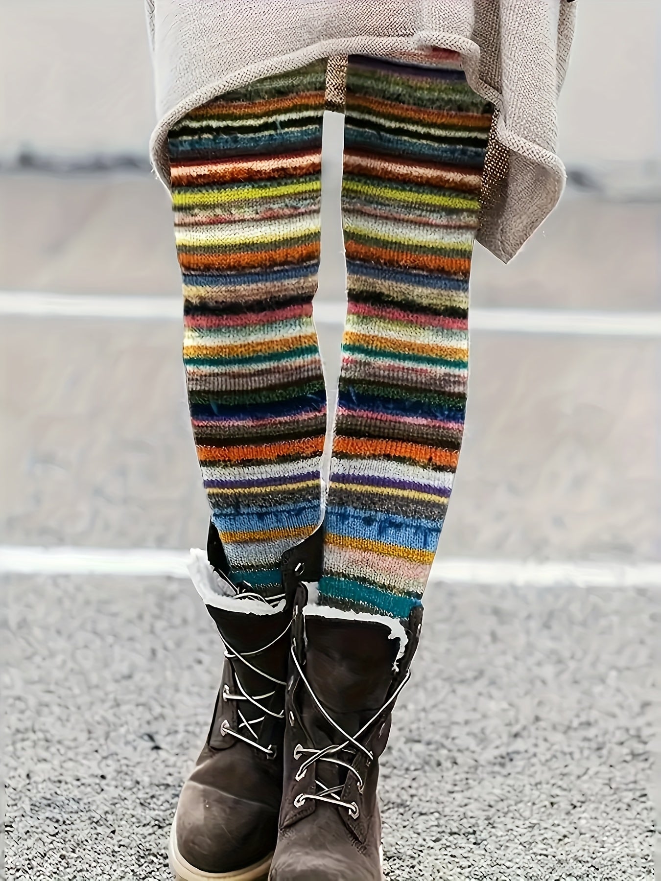 Women's High-Waisted Stretchy Casual Pants with Colorful Striped Print - 95% Polyester 5% Elastane, Machine Washable All-Season Comfort for Casual Attire SS69