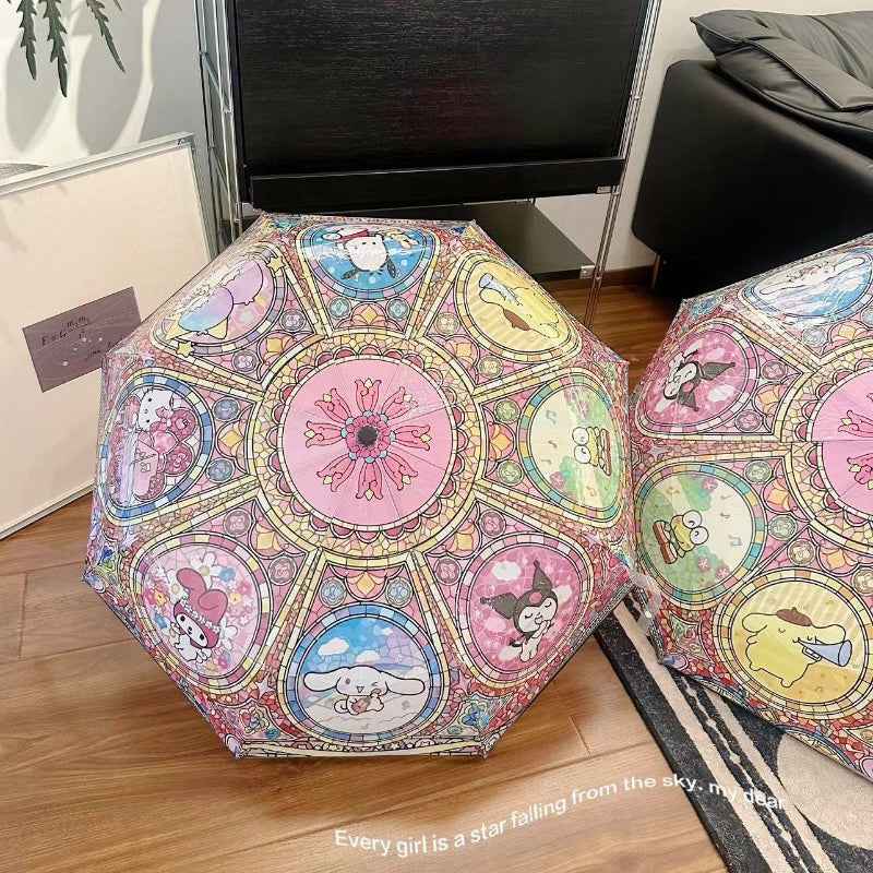 [Cute Anime Umbrella] Sanrio Kuromi/Pochacco/Melody/Kulomi/Beloved Star 1pc Automatic Open/Close Umbrella | Cute Anime Umbrella with 8-Rib Compact Folding Design, One-Touch Button, Pink/Blue/Golden/Purple/Green/Brown/Beige -