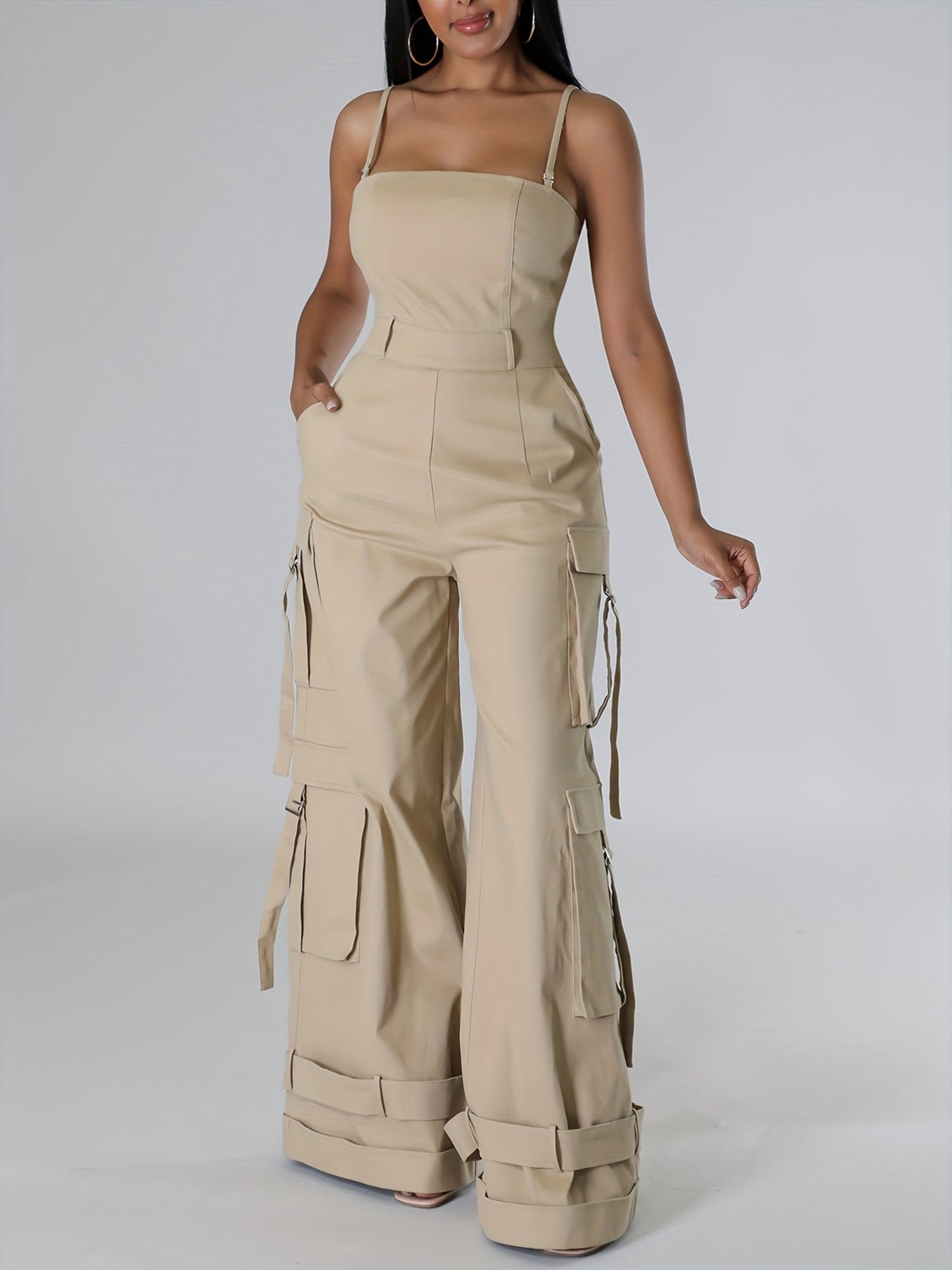Women'S Y2K Wide-Leg Cargo Jumpsuit - Summer Utility Romper With Multi-Pockets And Spaghetti Straps | Casual Street Style Overalls For Outdoor Adventures/Urban Exploring (Adjustable Spaghetti Straps) SS69