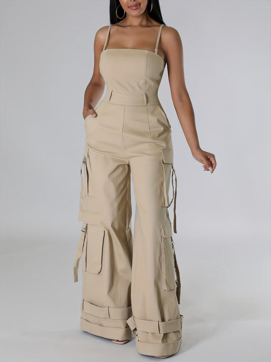 Women'S Y2K Wide-Leg Cargo Jumpsuit - Summer Utility Romper With Multi-Pockets And Spaghetti Straps | Casual Street Style Overalls For Outdoor Adventures/Urban Exploring (Adjustable Spaghetti Straps) SS69