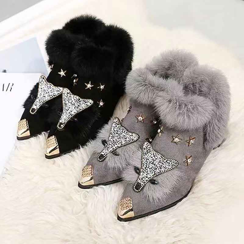 Fashio Pointed Toe faux fur Shoes for Women, Large Size, Fleece-Lined, Thick Heel, Thick Sole, Autumn Winter Warm Shoes