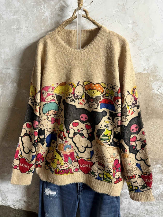 Sanrio for kuromi Women'S Vintage-Inspired Faux Fur Sweater - Cozy Loose Fit, Color-Block Design with Playful Cartoon Print, Long Sleeves, Round Neck, Perfect for Fall/Winter, Casual Wear, Casual Wear Sweater | Playful Print