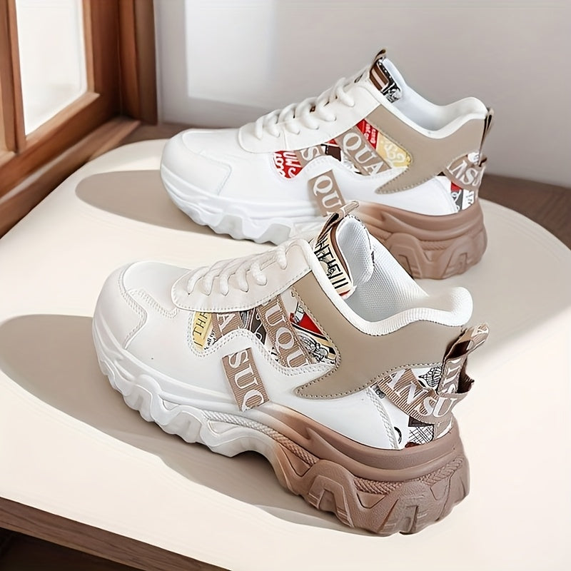 Women'S 2025 Spring/Summer High-Top Sneakers - Casual, Breathable, Thick Sole Running Shoes with Lace-Up Closure, Synthetic Upper, PVC Sole, and Stylish Red & Beige Design for Outdoor Activities, Casual Footwear | Trendy Casu - SS69