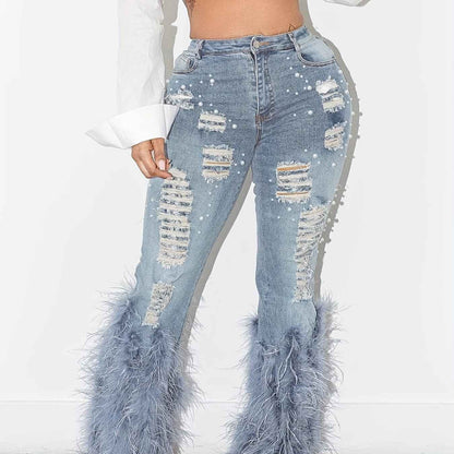 Beaded Long Whiskered Jeans - Women's Single Fashion Casual Jeans
