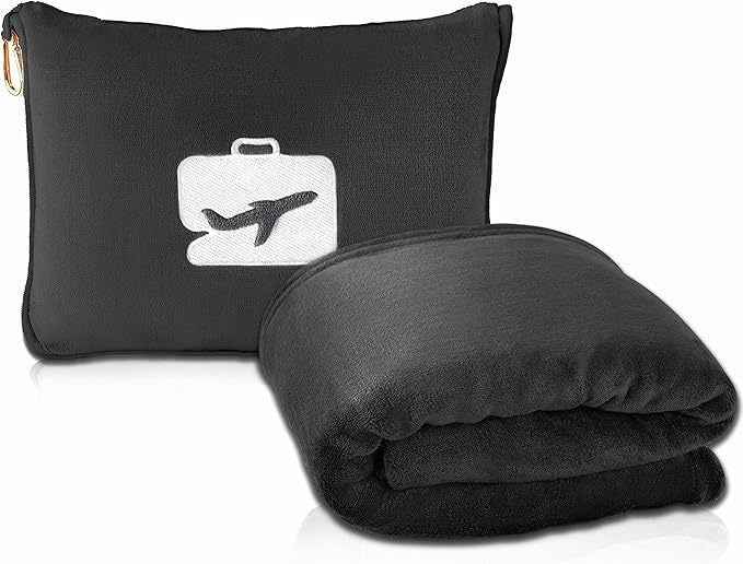 Travel Blanket and Pillow - Ultra-Soft, Compact & Lightweight, 65x40 Inches, with Carry Case, Luggage Sleeve & Backpack Clip for Airplane Comfort