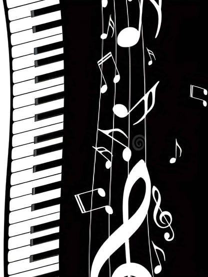 Women'S Stylish Piano Print Dress - Black & White with Musical Notes, Short Sleeve, Round Neck, A-Line Silhouette, Summer Casual Wear, Piano Gifts