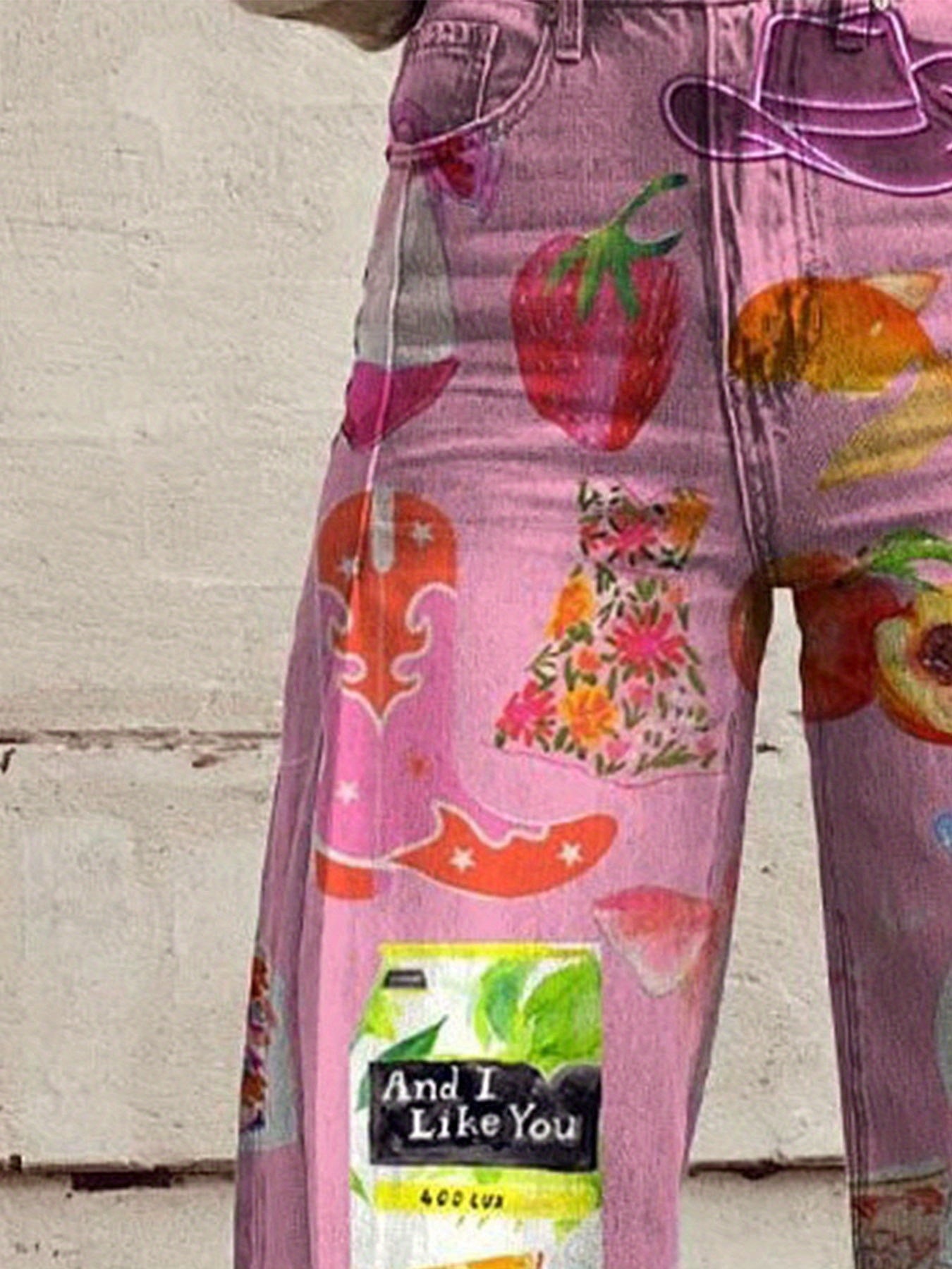 1 Pair of European And American Women'S Retro Style Denim High Waist Wide Trousers, Casual Style, Creative Printing, Suitable for Wearing in All Seasons Denim Women'S Trendy Trousers SS69