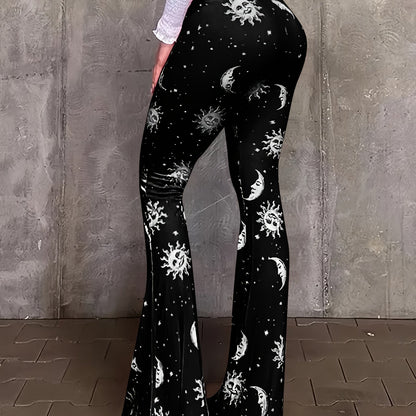 Polyester Spandex Blend Flare Leg Pants - Galaxy Moon Sun Print - Young Style for Adult Women - Spring/Fall Season - SS69