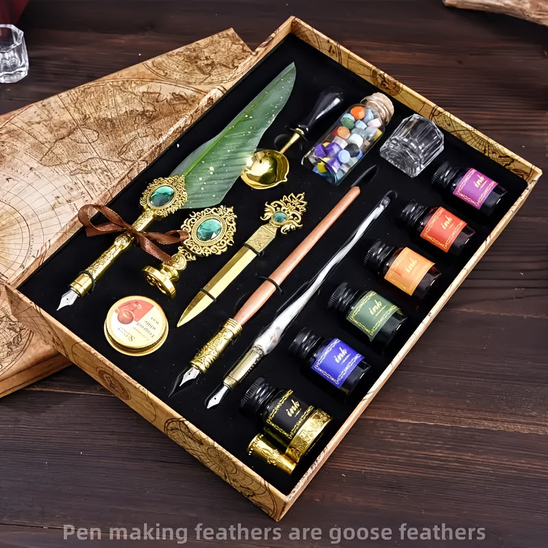 Antique Vintage Quill Pen and Ink Set - Gem Feather Pen Set with Glass Dip Pen, Wooden Dip Pen, Fire Lacquer Wax Beads, Spoon, Seal Stamp, Candle, Pen Base, Cup - Unique Gift for Writers, Artists & History Enthusiasts - Perfe SS69