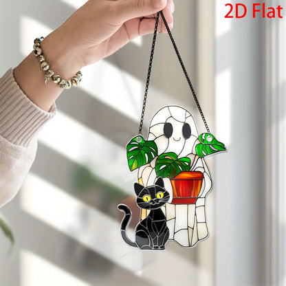2D Flat, 2D Flat Cute Ghost Plant And Black Cat ACRYLIC Suncatcher, Ghost Monstra Window Hanging, Hangings Plant Lover Gift, Black Cat Lover, Mom Gift, Halloween Decor Acrylic Ornament Art Christmas Ornament, Car Interiors, 2 SS69