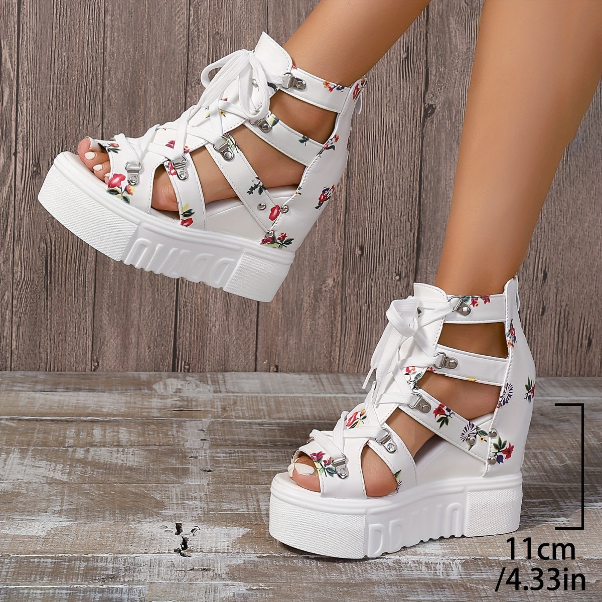 Women's Floral Vintage Sandals, Back Zipper Platform Hollow Lace Up Shoes, Summer Breathable Wedge Holiday Shoes SS69