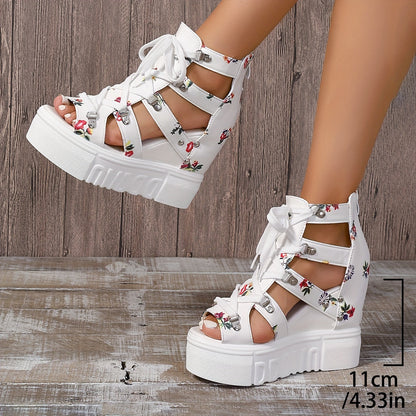 Women's Floral Vintage Sandals, Back Zipper Platform Hollow Lace Up Shoes, Summer Breathable Wedge Holiday Shoes SS69