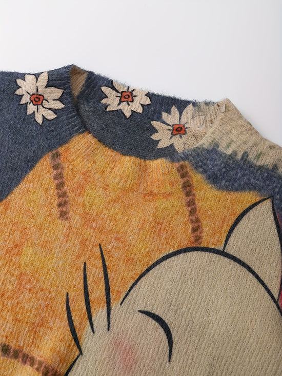 Valentine's Day Women's Mink Sweater - Cat Cartoon, White Flower Pattern, Casual Round Neck Long Sleeve Top SS69