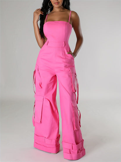 Women'S Y2K Wide-Leg Cargo Jumpsuit - Summer Utility Romper With Multi-Pockets And Spaghetti Straps | Casual Street Style Overalls For Outdoor Adventures/Urban Exploring (Adjustable Spaghetti Straps) SS69