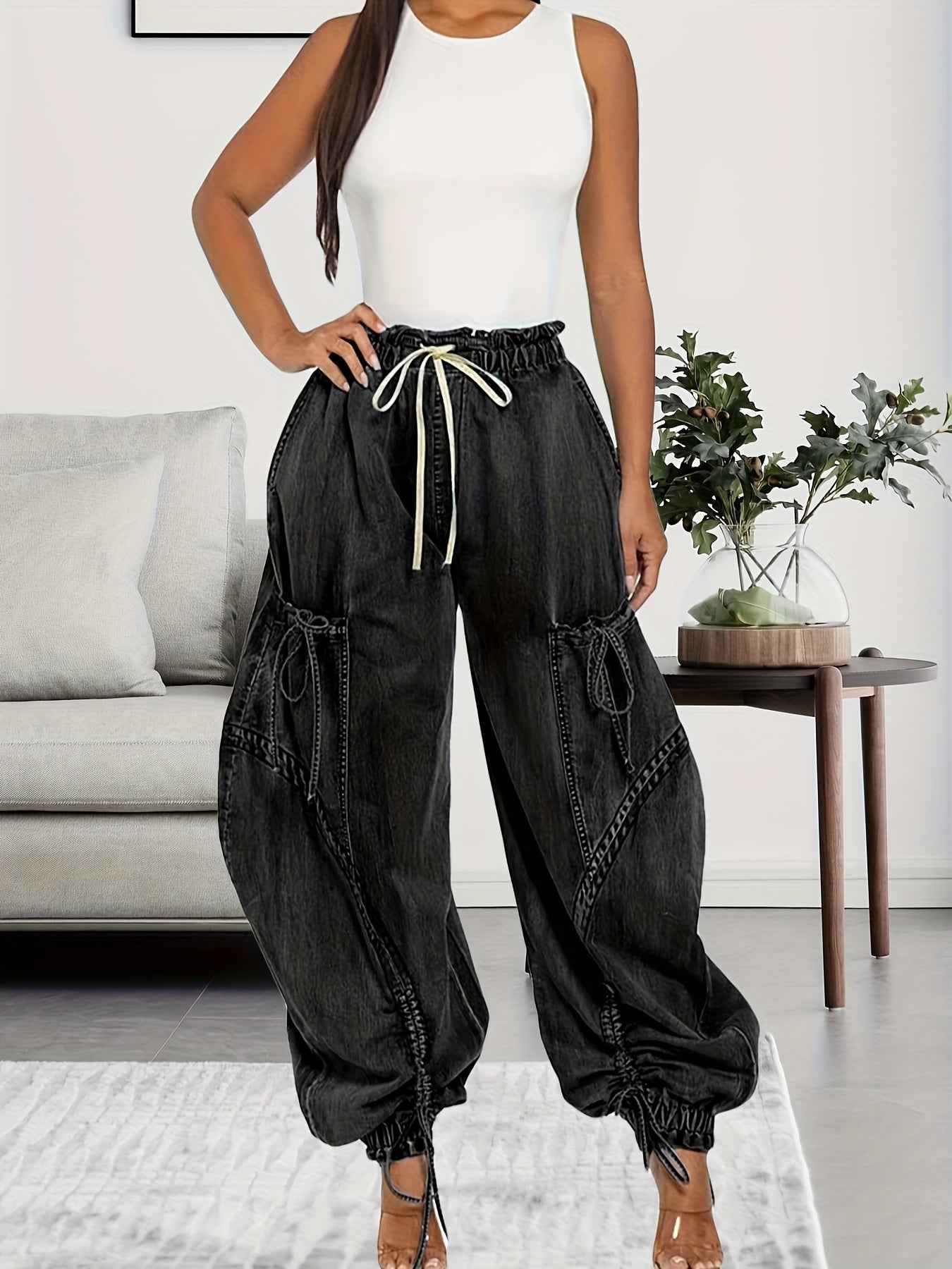 Womens Baggy Jeans Women'S Fashionable Drawstring Lace-up