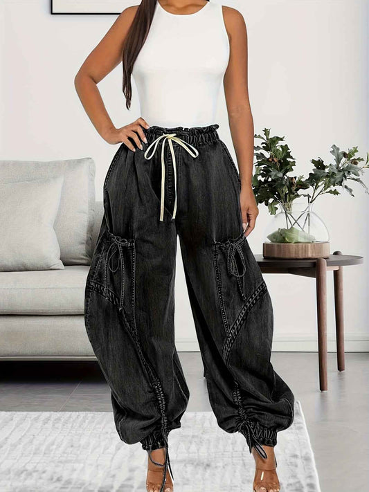 Womens Baggy Jeans Women'S Fashionable Drawstring Lace-up