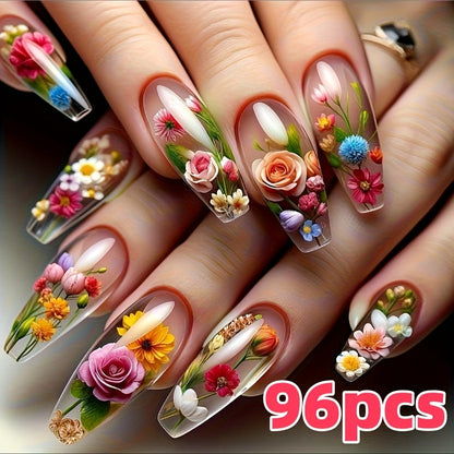 24pcs 3D Floral Press On Nails - Square Medium Length False Nails with Glossy Finish, Vibrant Blue & Red Floral Design, Includes Jelly Glue & Nail File for Women s Summer Manicure, Stylish Fake Nails Creative Beauty Accessory SS69 10.69 96pcs (4Pack)